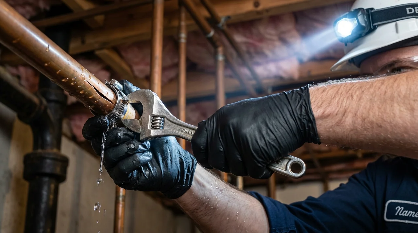 Emergency pipe clamp repair being performed by a Johns Plumbing LLC plumber in Belle Plaine