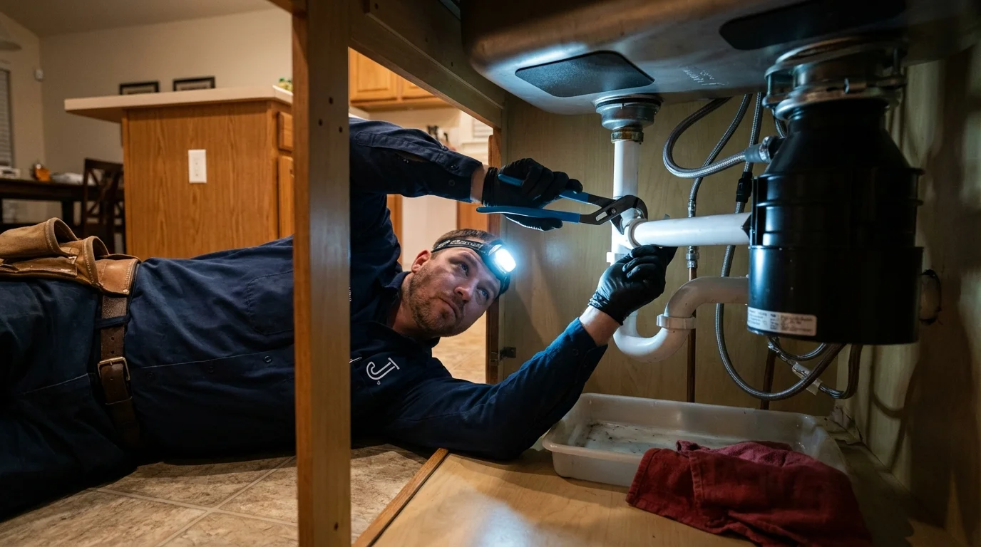P-trap and supply line connections under a kitchen sink showing a common leak point in Belle Plaine, MN